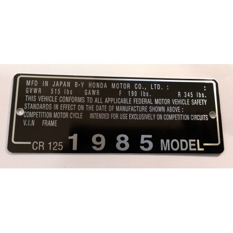 Honda CR 125 identification plate - Honda CR 125 data plate