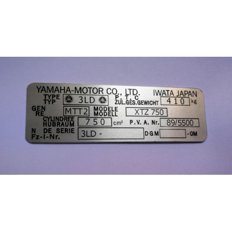 Yamaha XTZ 750 Data Plate - Identification plate